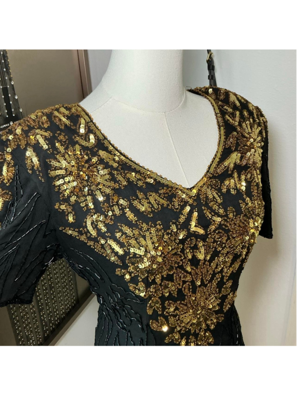 Vintage Sténay Black Gold Sequin Beaded Silk Cocktail Dress Size 6 - Picture 3 of 5